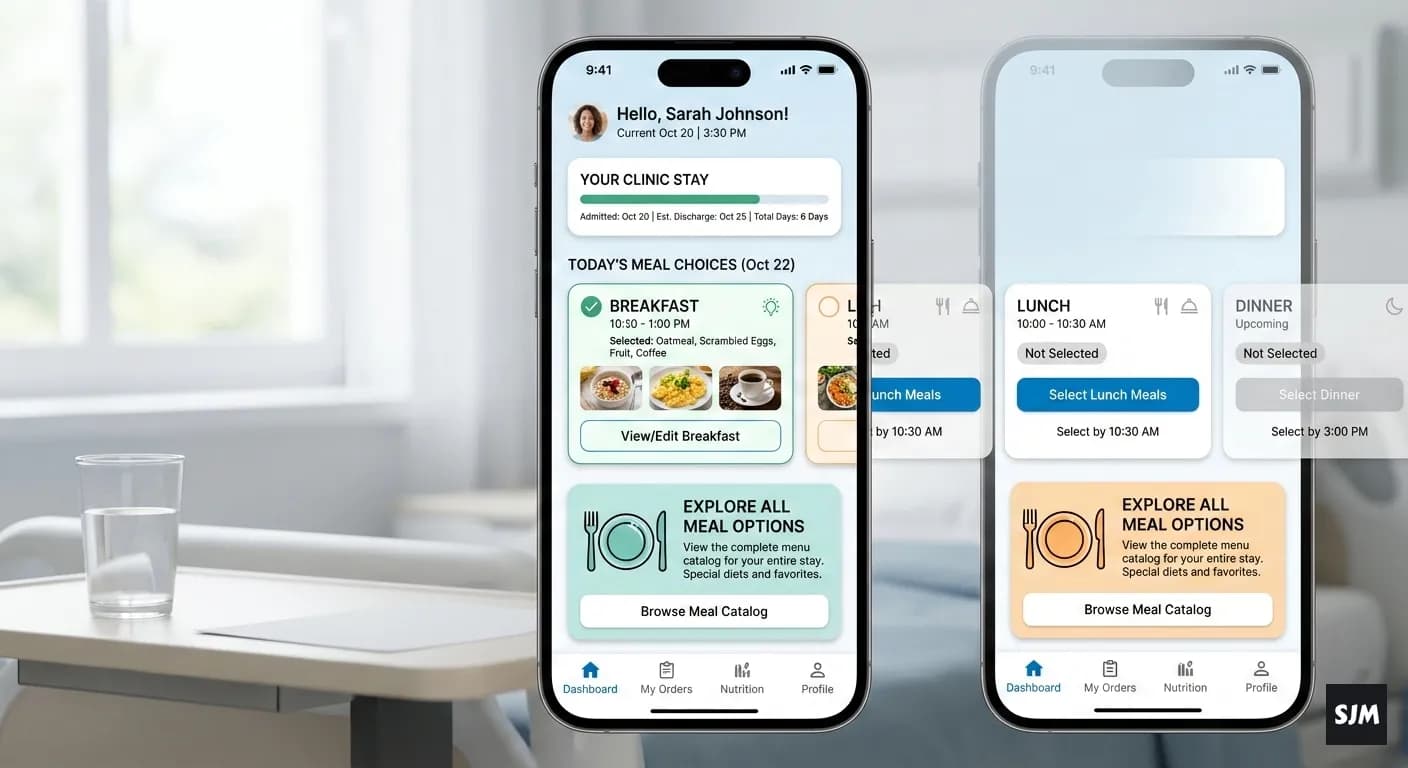 Sajaam app showing digital meal ordering on two smartphones in a clinical setting